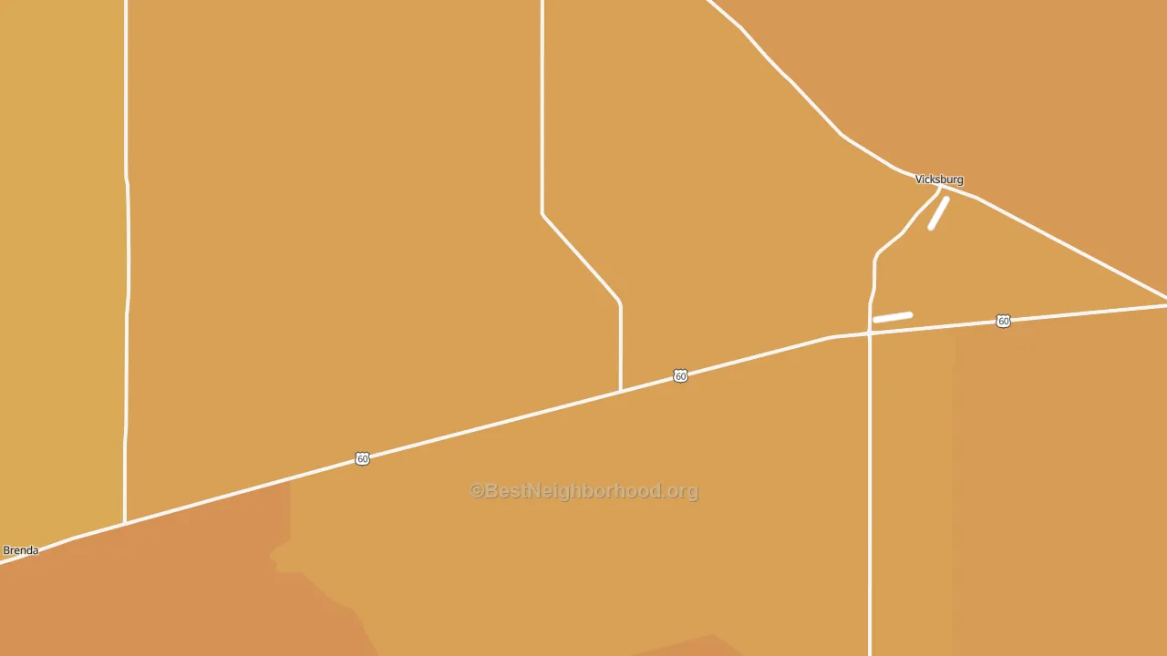 Map of the best neighborhoods in the Vicksburg area, with better matches in green and worse matches in red