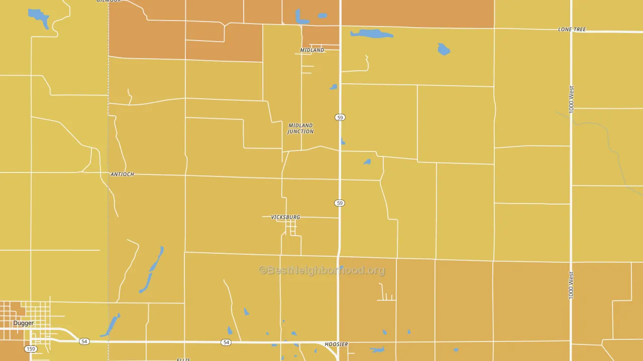 Map of the best neighborhoods in the Vicksburg area, with better matches in green and worse matches in red