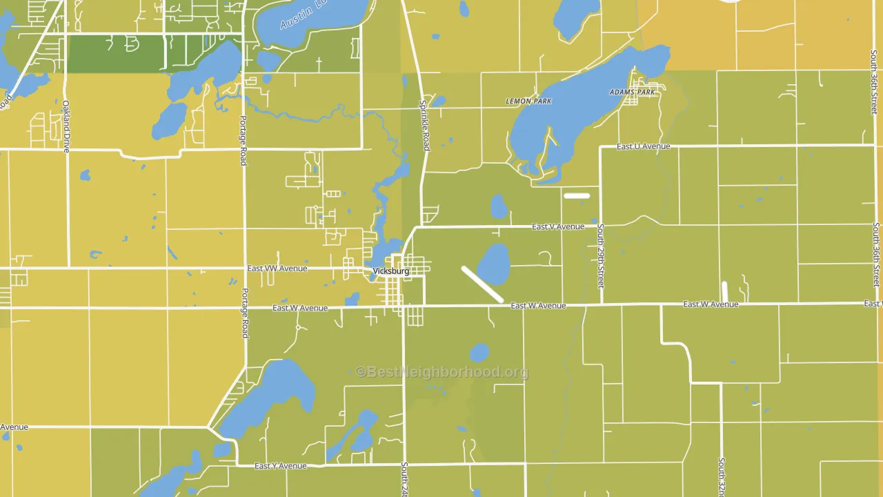 Map of the best neighborhoods in the Vicksburg area, with better matches in green and worse matches in red