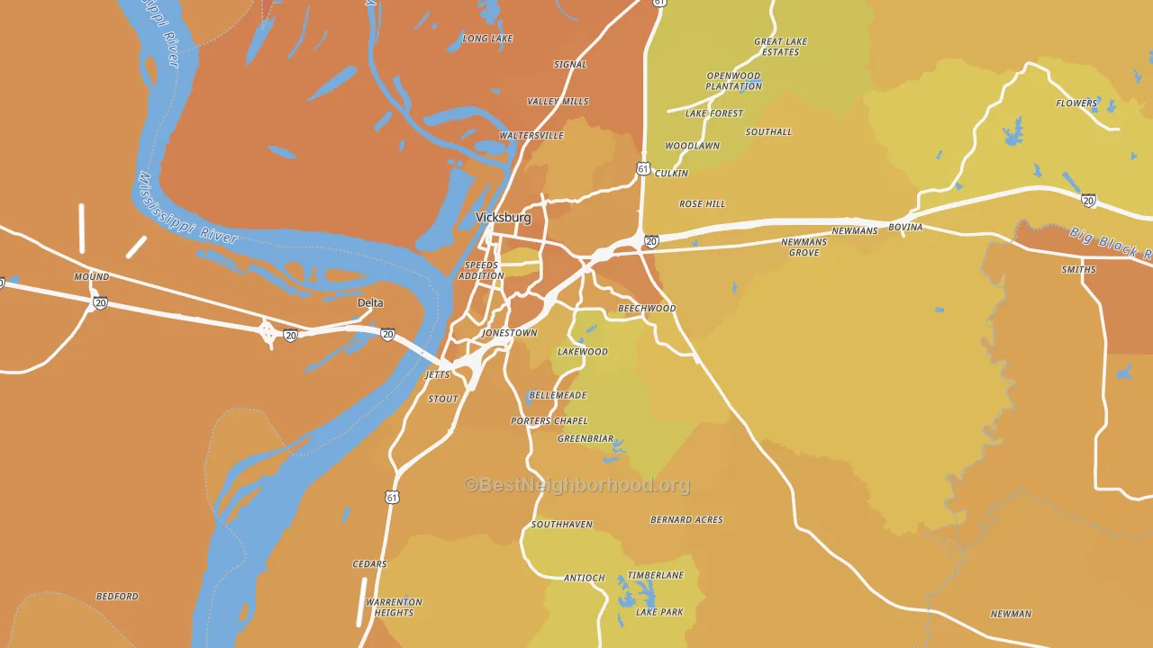 Map of the best neighborhoods in the Vicksburg area, with better matches in green and worse matches in red