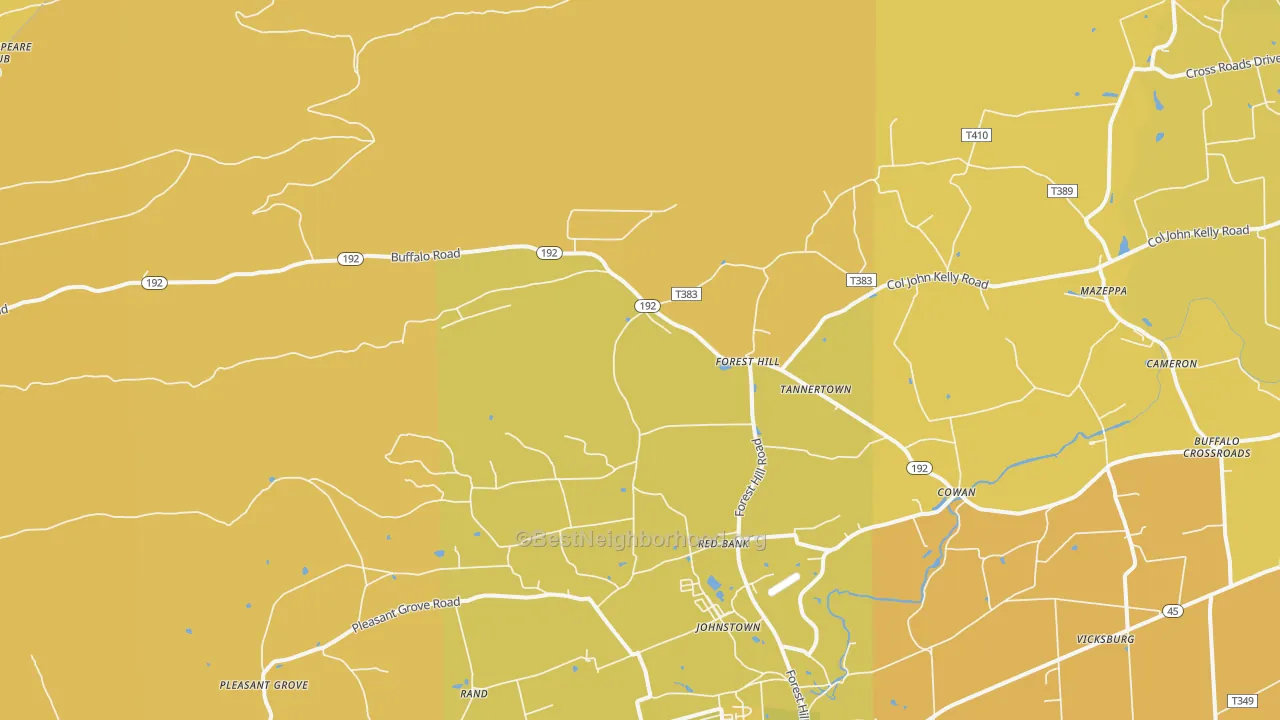 Map of the best neighborhoods in the Vicksburg area, with better matches in green and worse matches in red