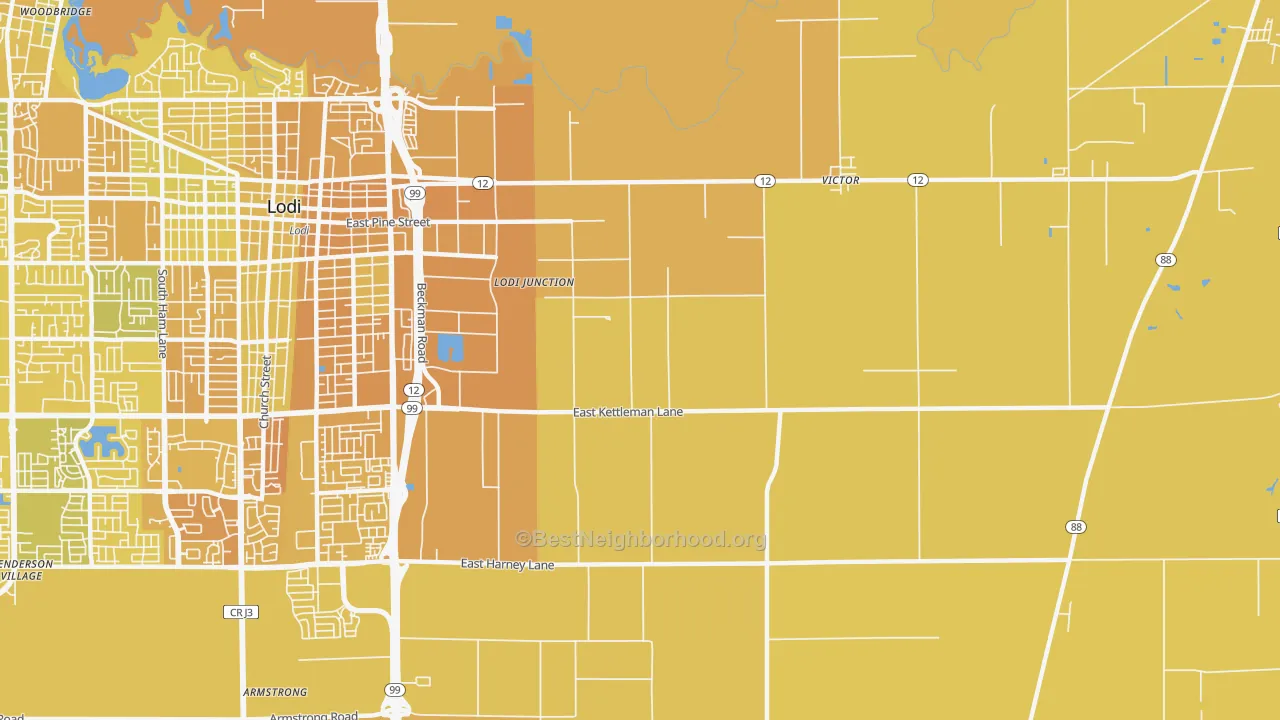 Map of the best neighborhoods in the Victor area, with better matches in green and worse matches in red