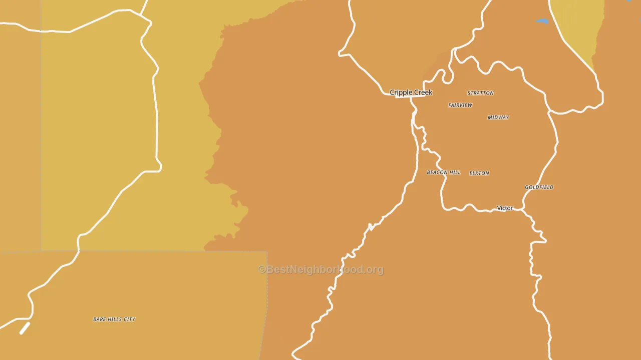 Map of the best neighborhoods in the Victor area, with better matches in green and worse matches in red