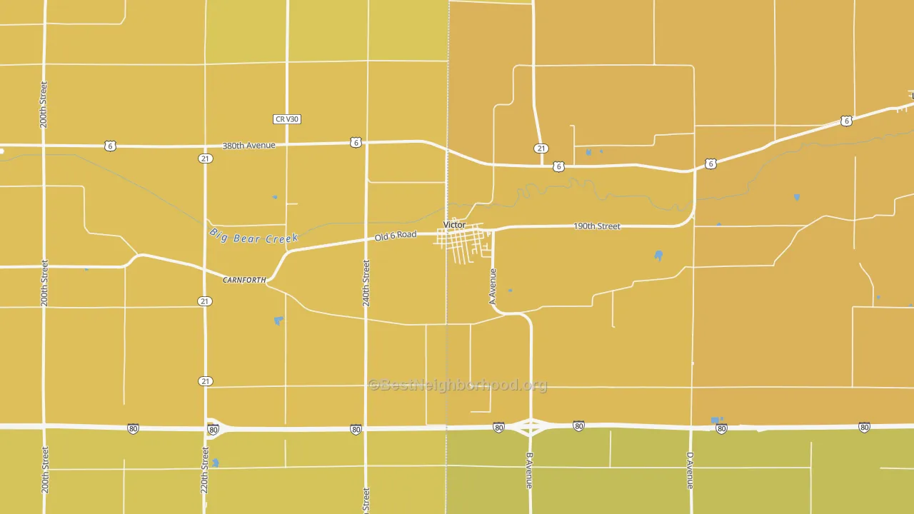 Map of the best neighborhoods in the Victor area, with better matches in green and worse matches in red