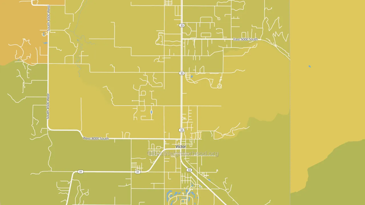 Map of the best neighborhoods in the Victor area, with better matches in green and worse matches in red