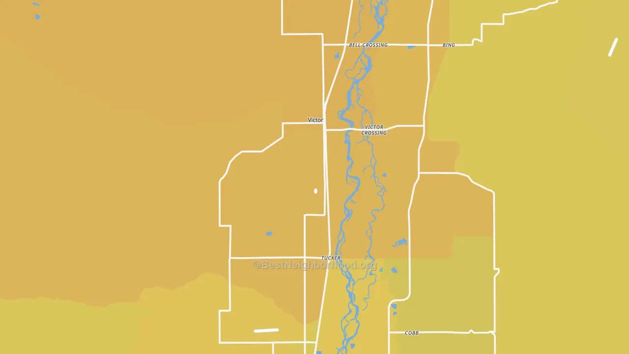 Map of the best neighborhoods in the Victor area, with better matches in green and worse matches in red