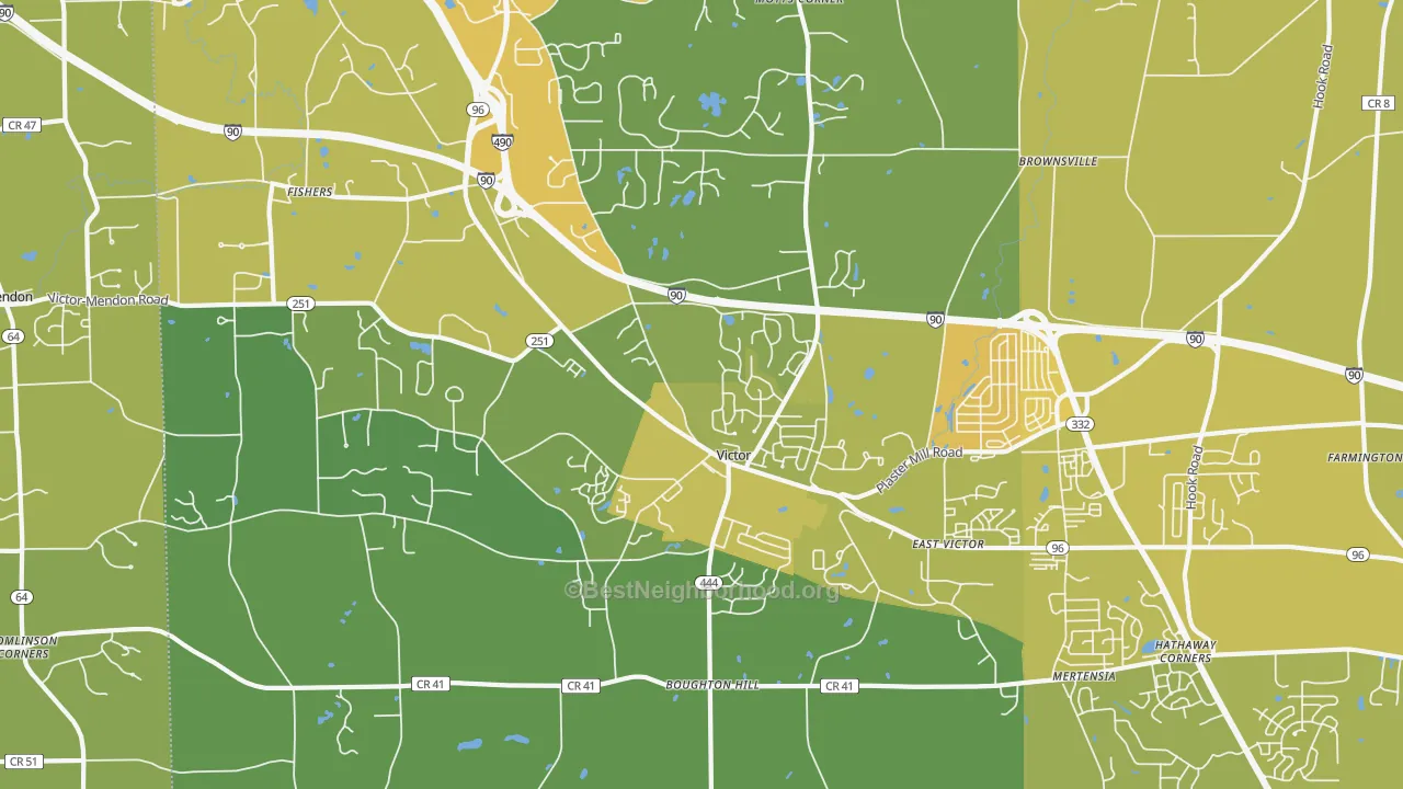 Map of the best neighborhoods in the Victor area, with better matches in green and worse matches in red