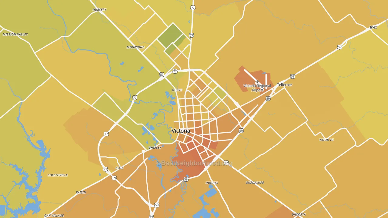 Map of the best neighborhoods in the Victoria County area, with better matches in green and worse matches in red