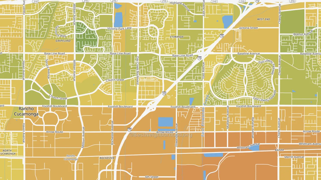 Map of the best neighborhoods in the Victoria Gardens, Rancho Cucamonga area, with better matches in green and worse matches in red