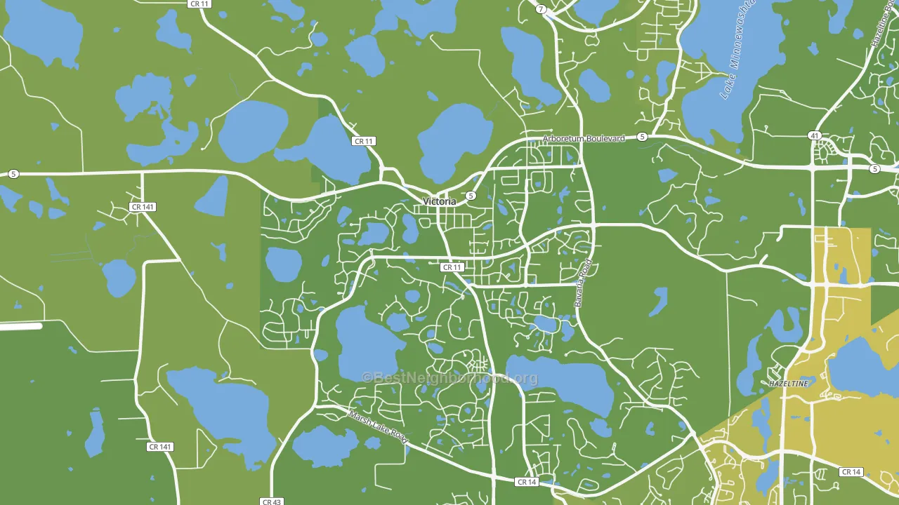 Map of the best neighborhoods in the Victoria area, with better matches in green and worse matches in red