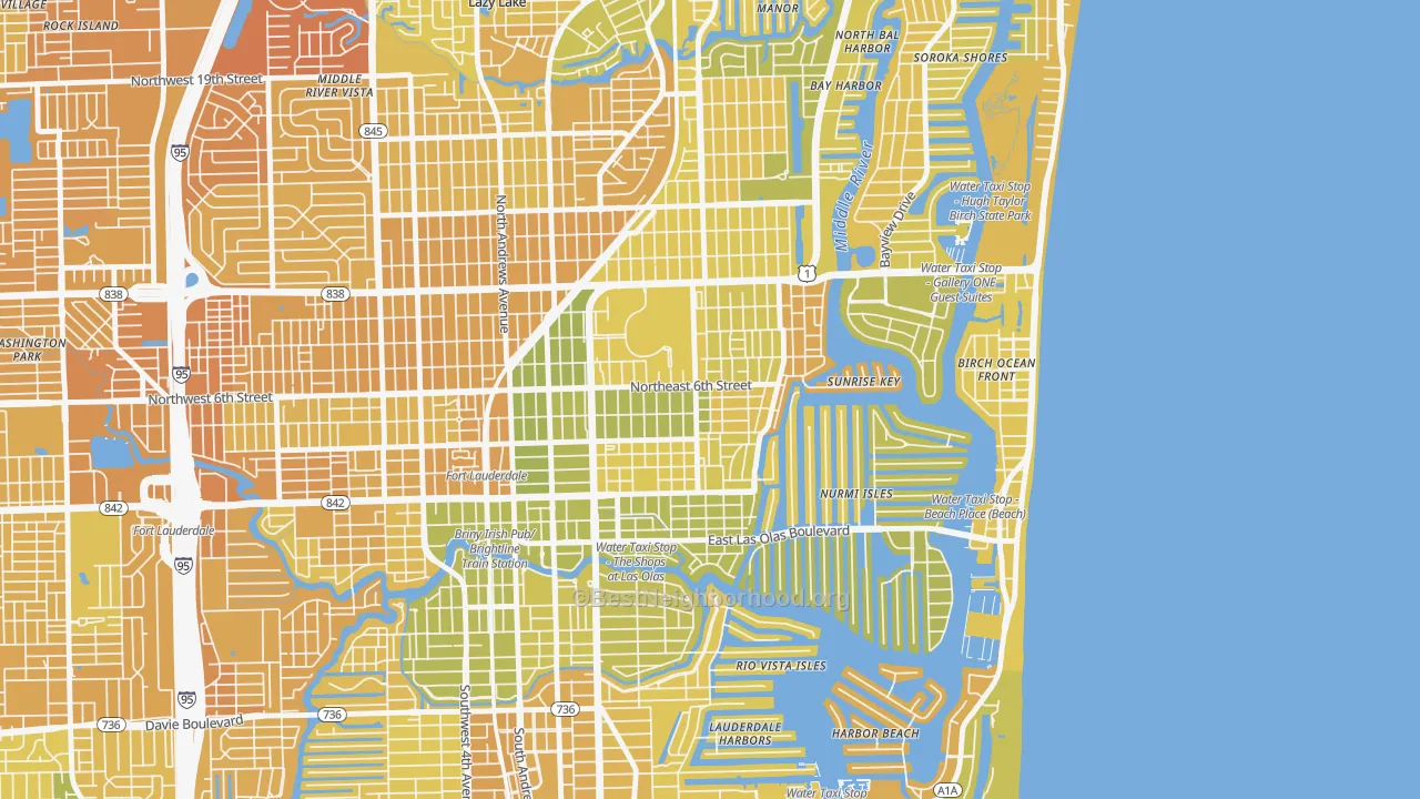 Map of the best neighborhoods in the Victoria Park, Fort Lauderdale area, with better matches in green and worse matches in red