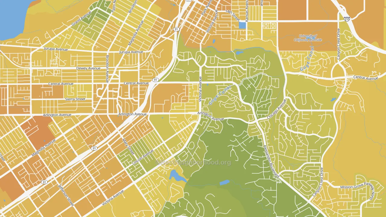 Map of the best neighborhoods in the Victoria, Riverside area, with better matches in green and worse matches in red