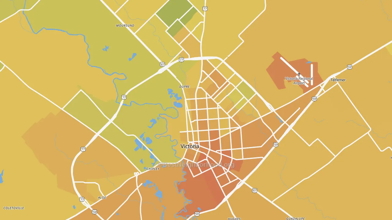 Map of the best neighborhoods in the Victoria Metro area, with better matches in green and worse matches in red