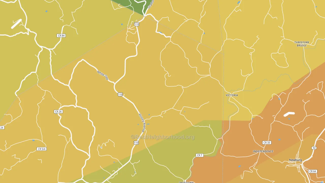 Map of the best neighborhoods in the Victoria area, with better matches in green and worse matches in red
