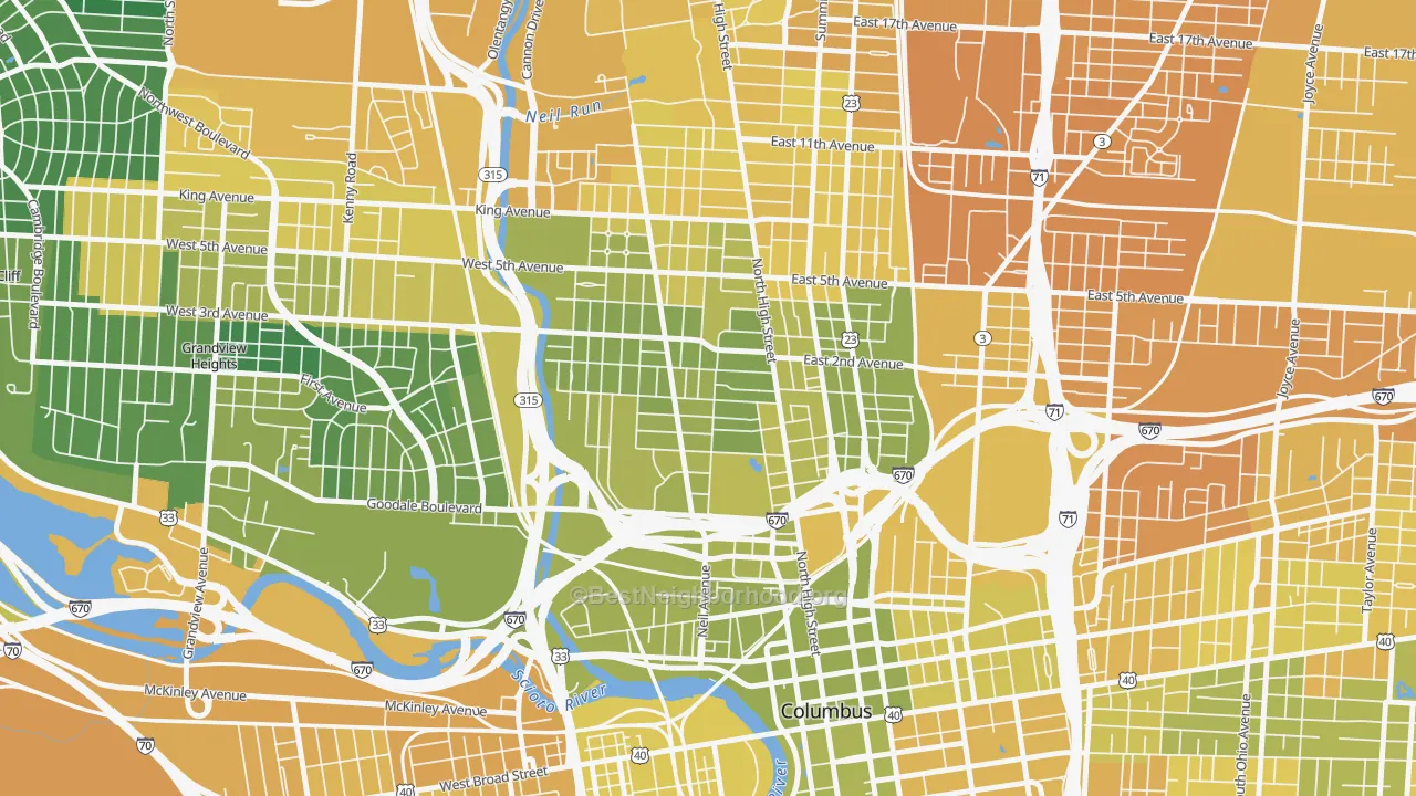 Map of the best neighborhoods in the Victorian Village, Columbus area, with better matches in green and worse matches in red