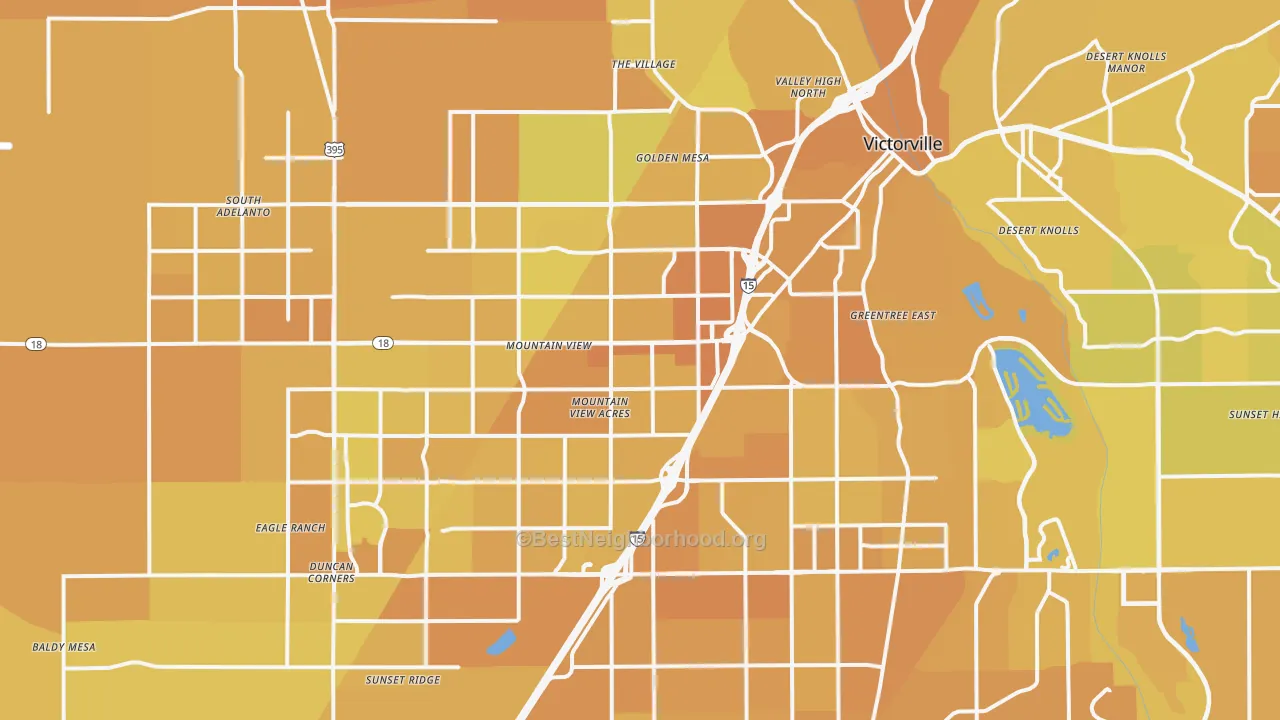Map of the best neighborhoods in the Victorville area, with better matches in green and worse matches in red