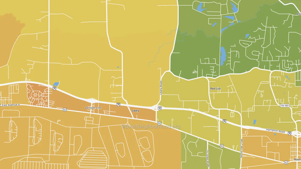 Map of the best neighborhoods in the Victory City area, with better matches in green and worse matches in red