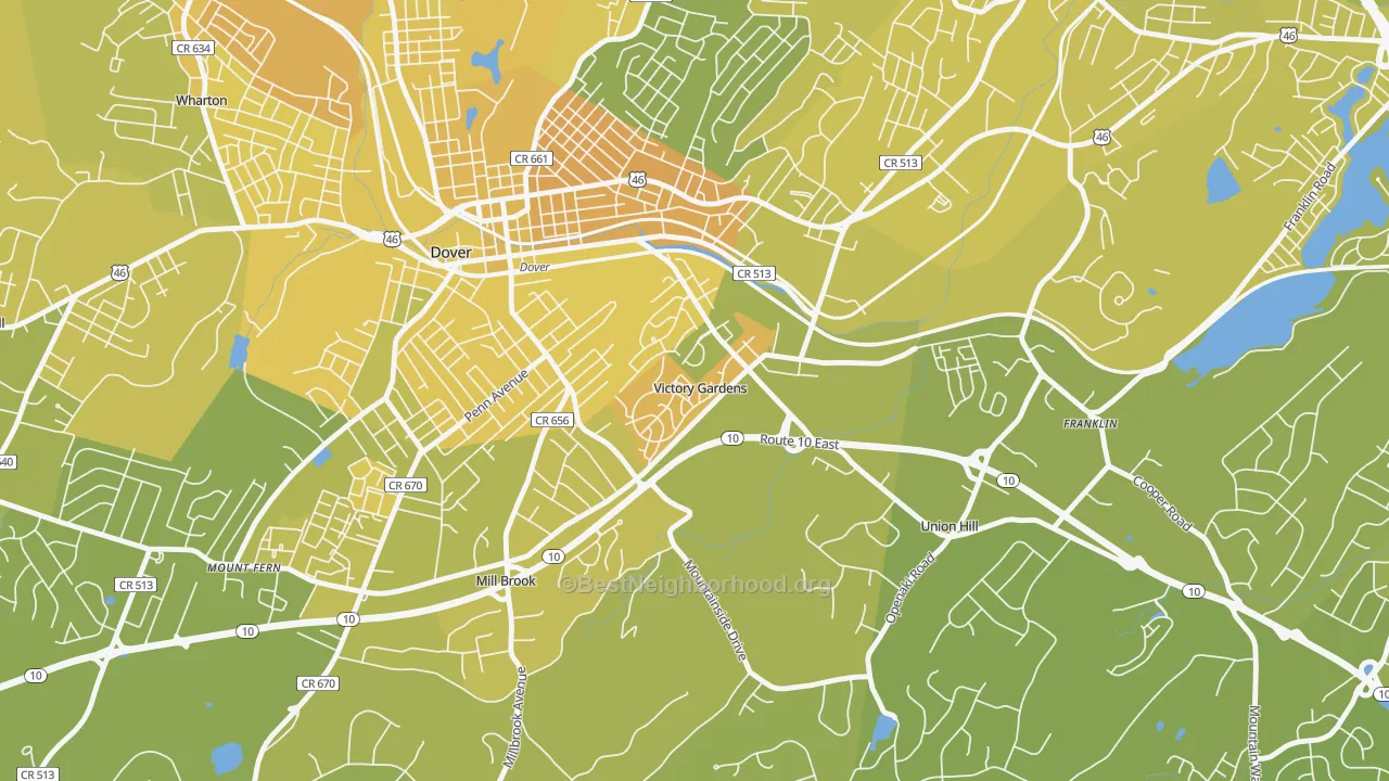 Map of the best neighborhoods in the Victory Gardens area, with better matches in green and worse matches in red