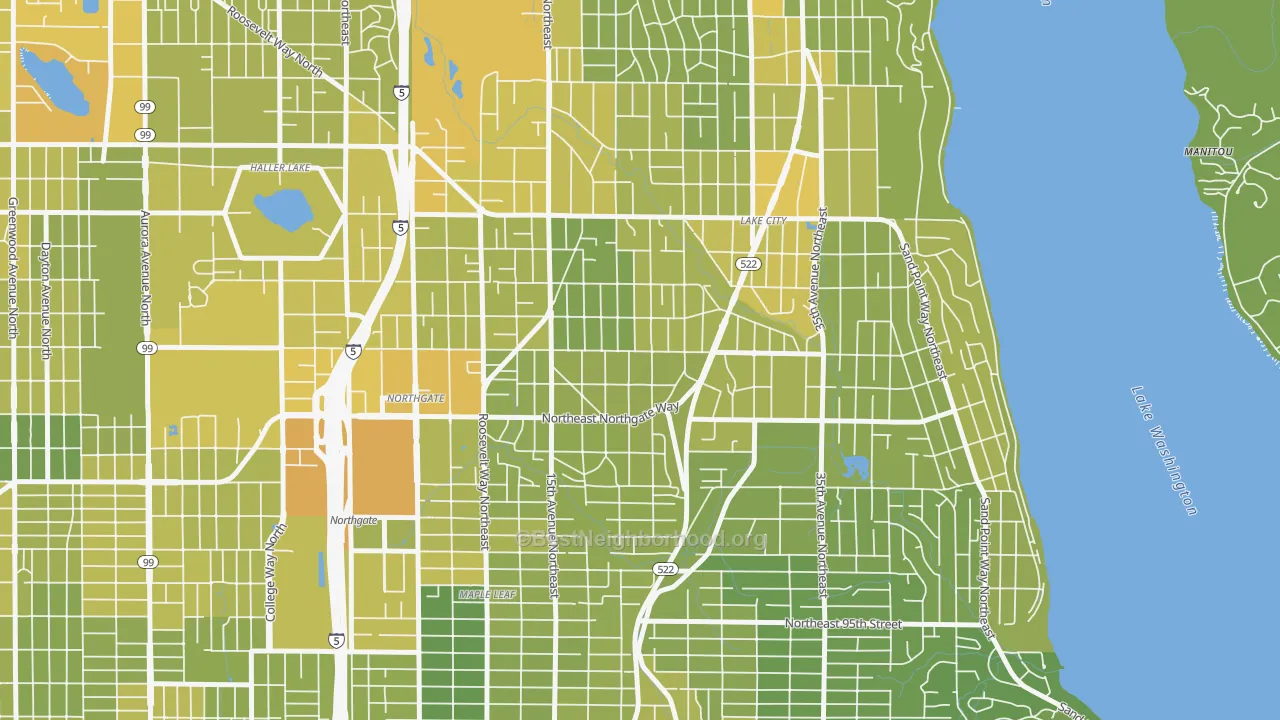 Map of the best neighborhoods in the Victory Heights, Seattle area, with better matches in green and worse matches in red