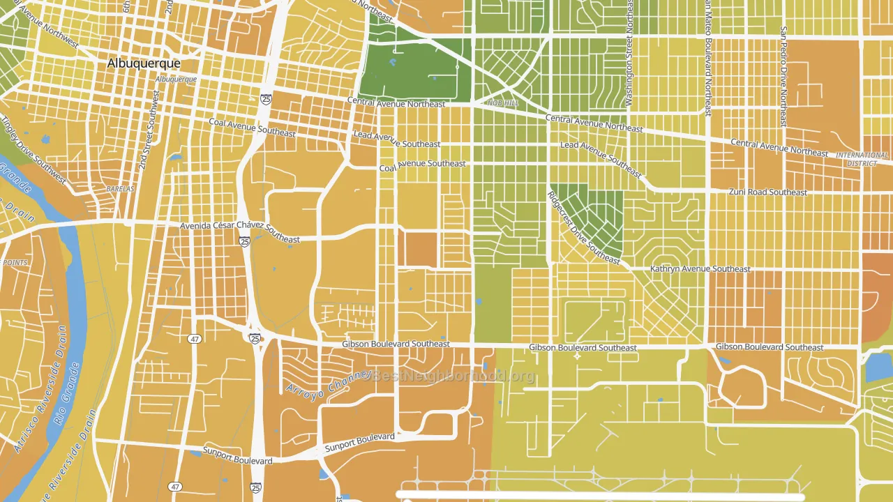 Map of the best neighborhoods in the Victory Hills, Albuquerque area, with better matches in green and worse matches in red