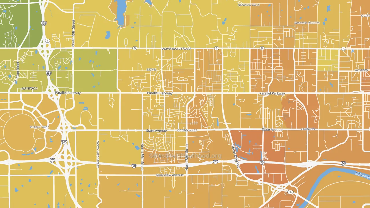Map of the best neighborhoods in the Victory Hills, Kansas City area, with better matches in green and worse matches in red