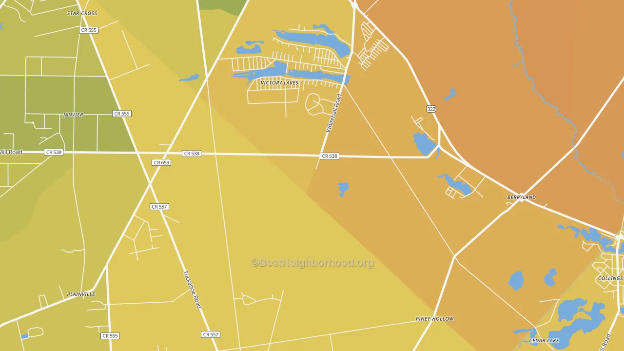 Map of the best neighborhoods in the Victory Lakes area, with better matches in green and worse matches in red