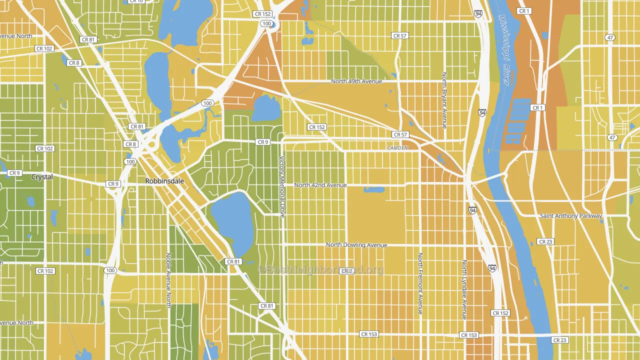 Map of the best neighborhoods in the Victory, Minneapolis area, with better matches in green and worse matches in red