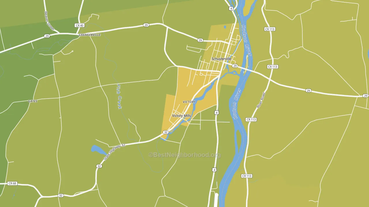 Map of the best neighborhoods in the Victory area, with better matches in green and worse matches in red