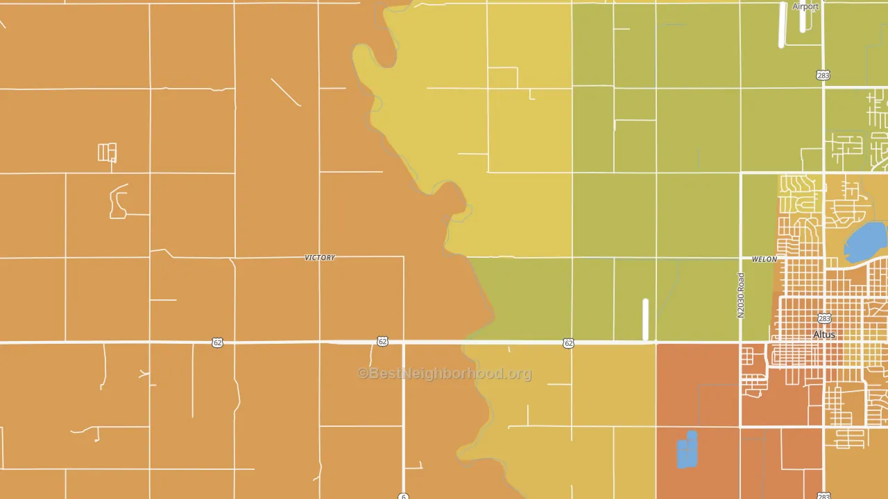 Map of the best neighborhoods in the Victory area, with better matches in green and worse matches in red