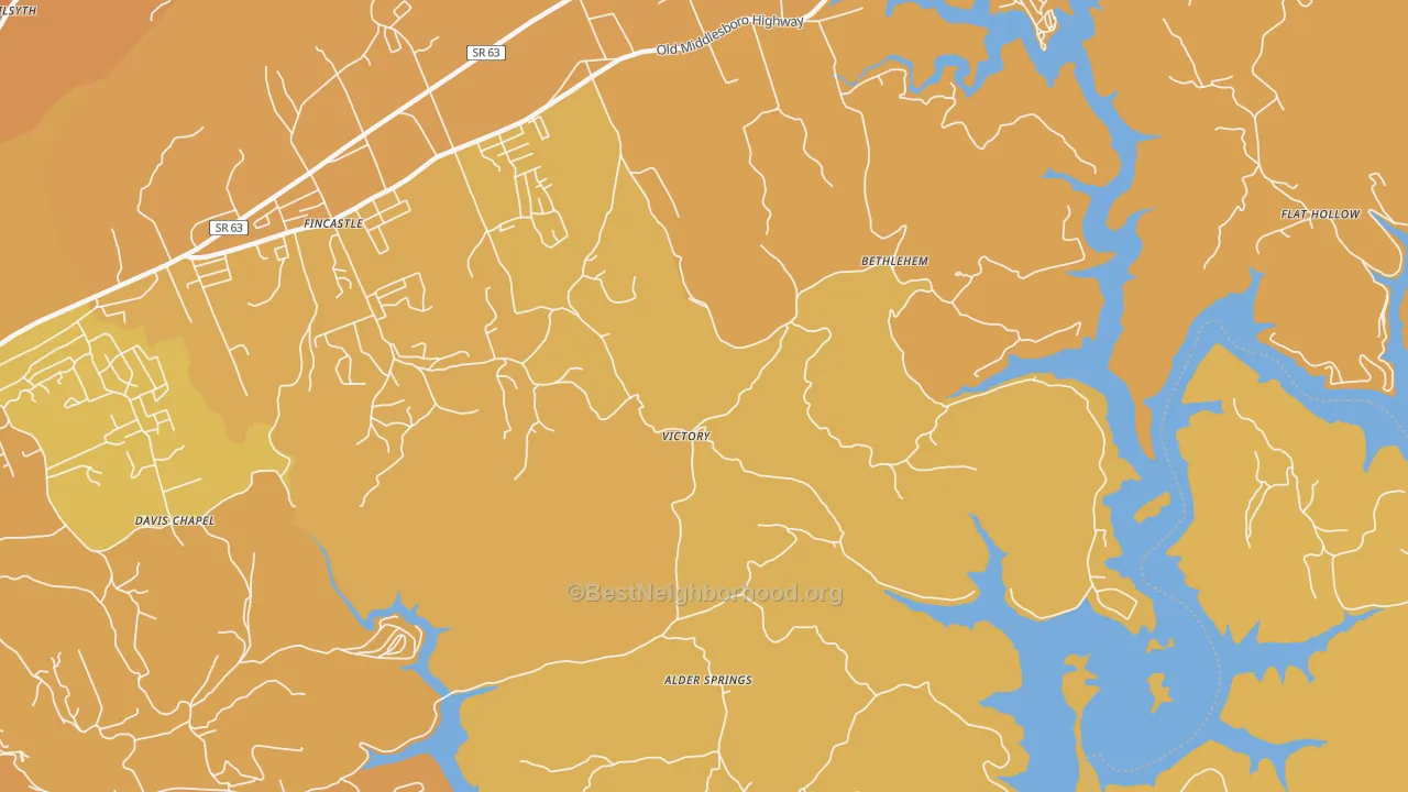 Map of the best neighborhoods in the Victory area, with better matches in green and worse matches in red