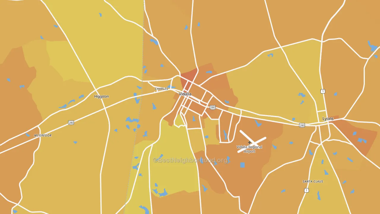 Map of the best neighborhoods in the Vidalia area, with better matches in green and worse matches in red