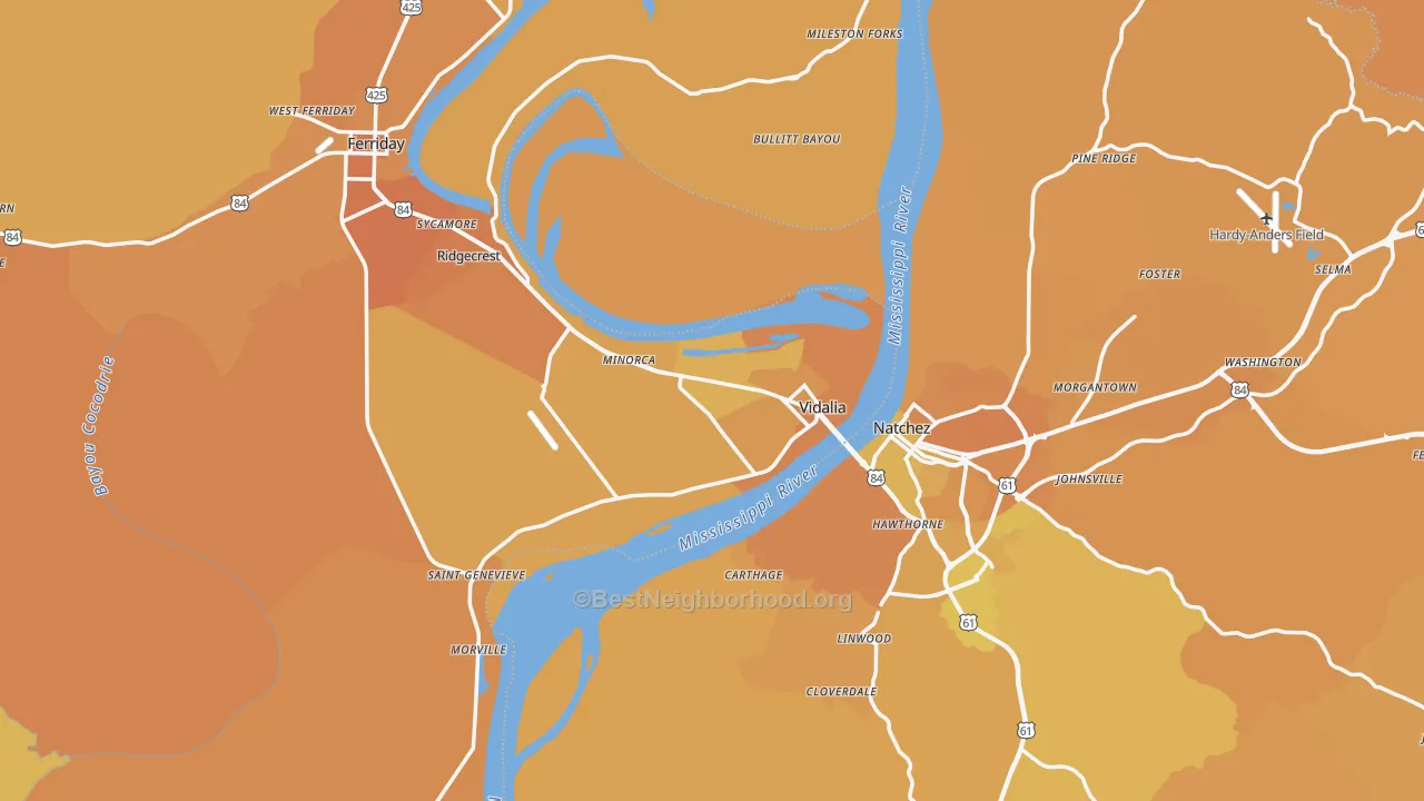 Map of the best neighborhoods in the Vidalia area, with better matches in green and worse matches in red