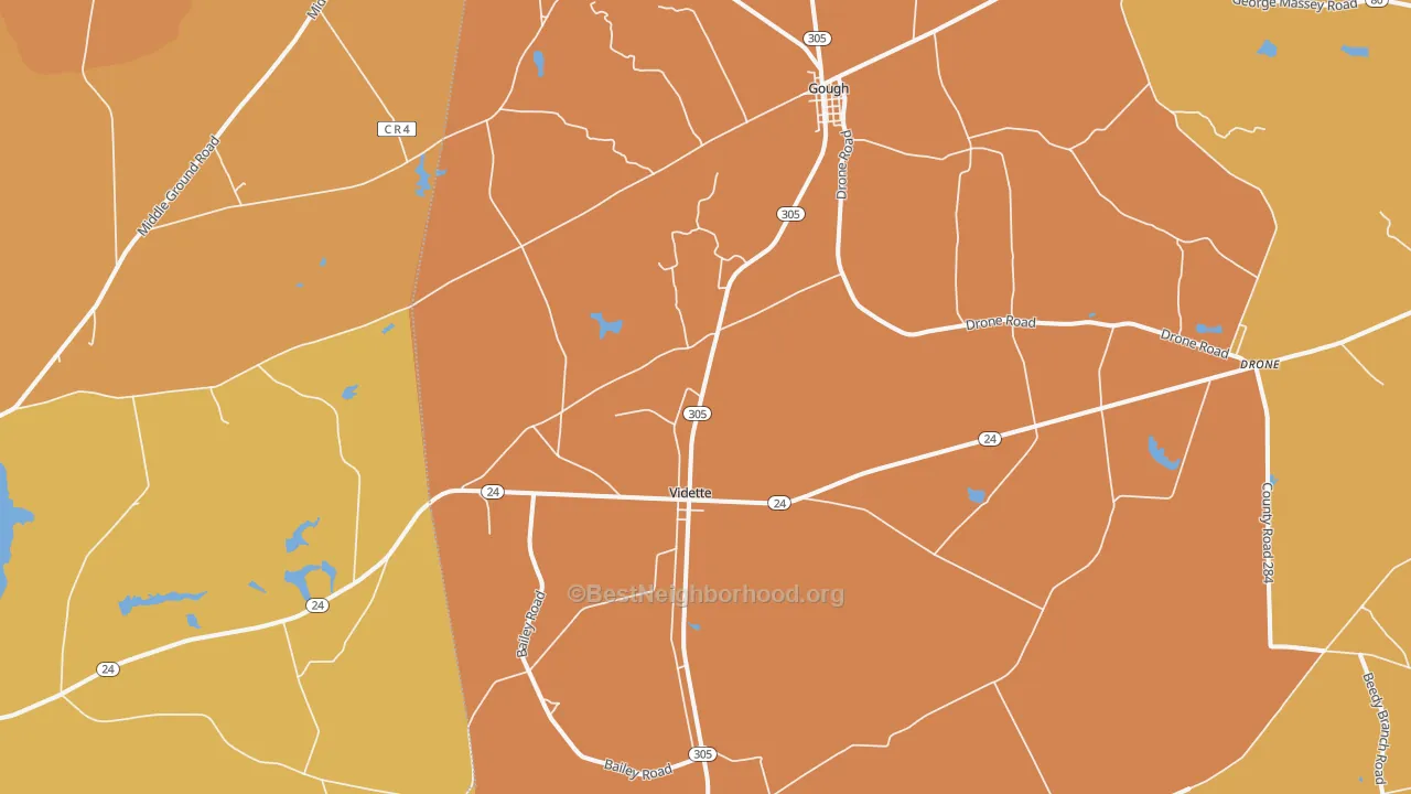 Map of the best neighborhoods in the Vidette area, with better matches in green and worse matches in red