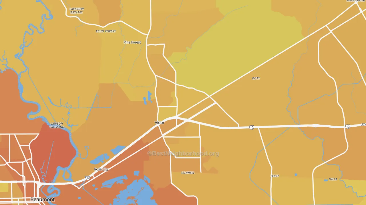 Map of the best neighborhoods in the Vidor area, with better matches in green and worse matches in red
