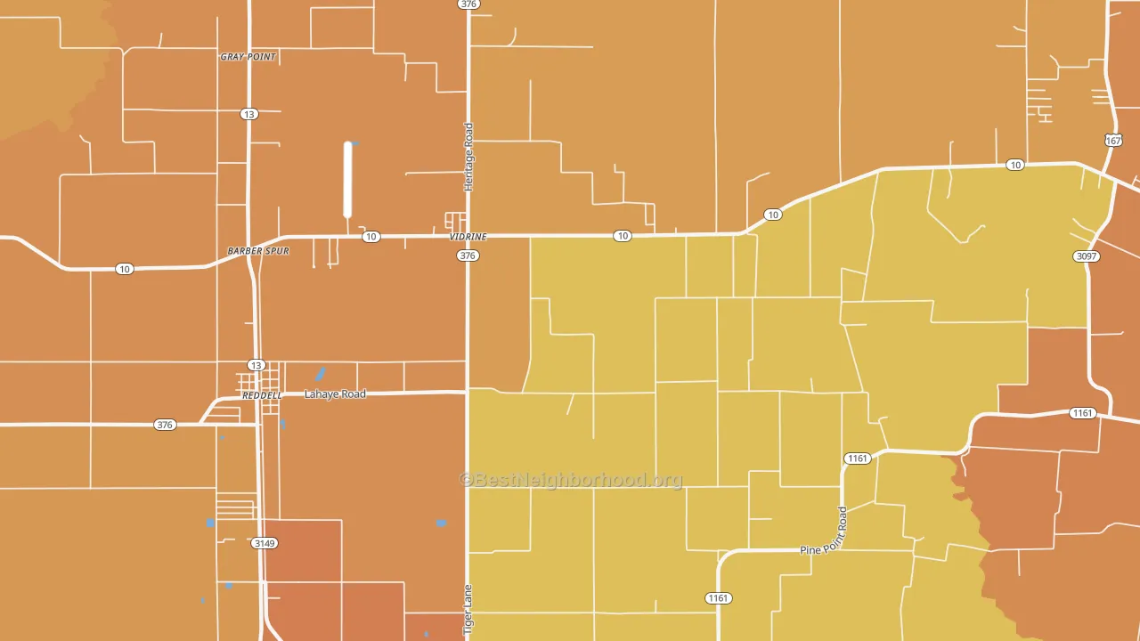 Map of the best neighborhoods in the Vidrine area, with better matches in green and worse matches in red