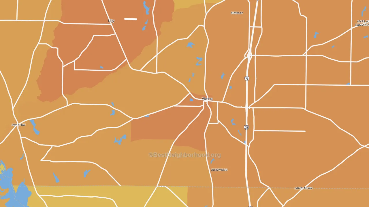 Map of the best neighborhoods in the Vienna area, with better matches in green and worse matches in red