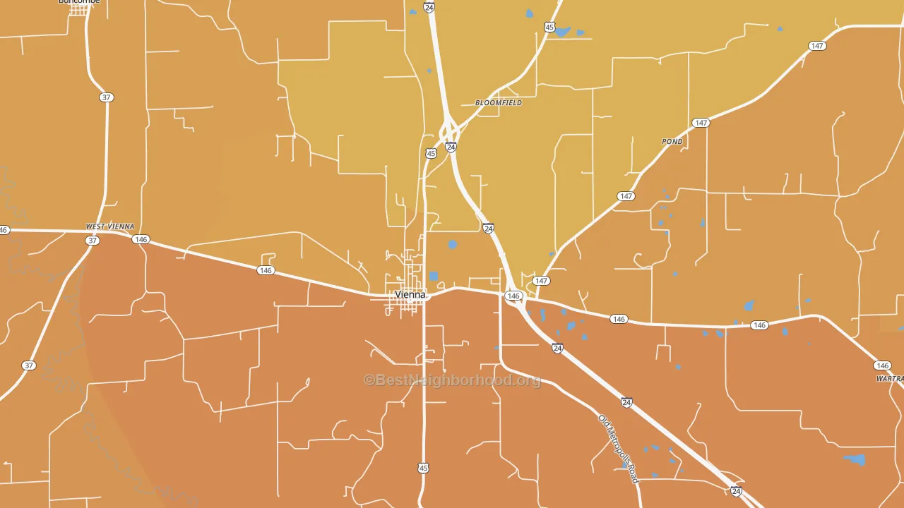 Map of the best neighborhoods in the Vienna area, with better matches in green and worse matches in red