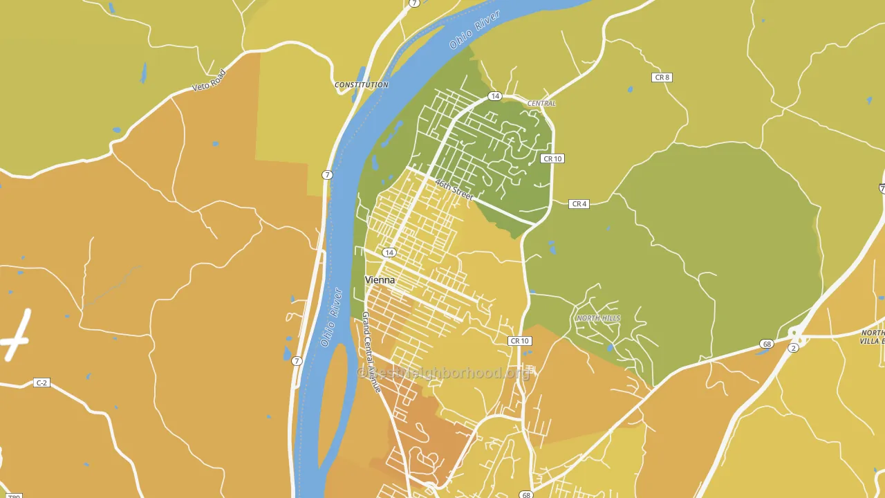 Map of the best neighborhoods in the Vienna area, with better matches in green and worse matches in red