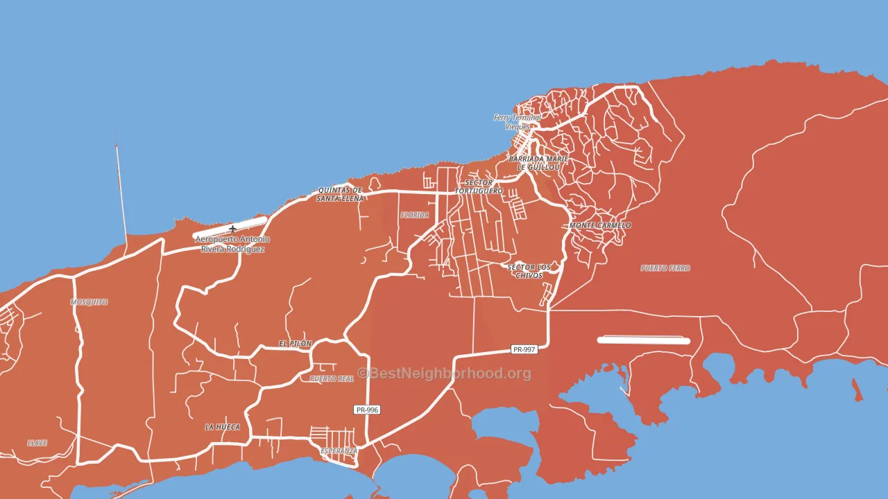 Map of the best neighborhoods in the Vieques area, with better matches in green and worse matches in red