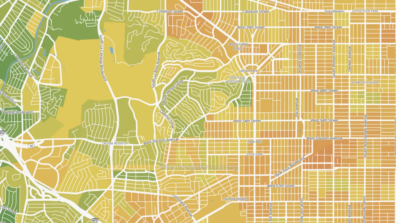Map of the best neighborhoods in the View Park-Windsor Hills area, with better matches in green and worse matches in red