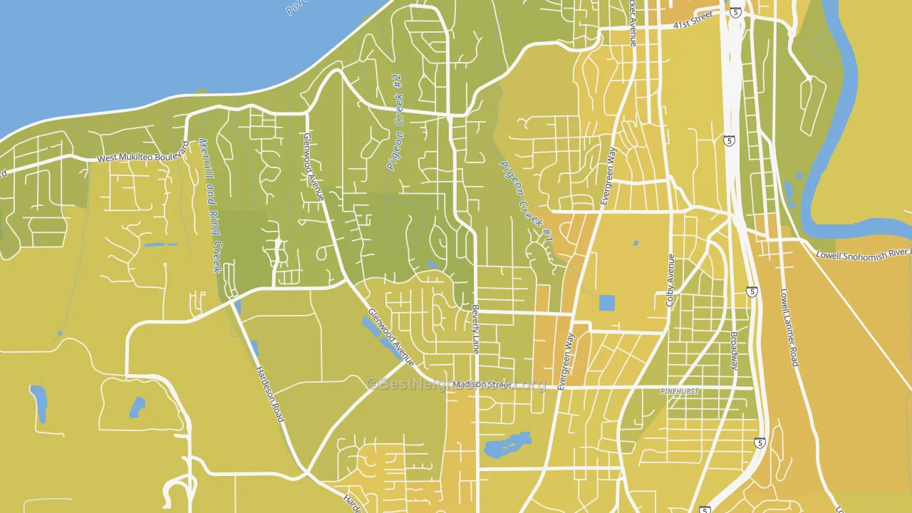 Map of the best neighborhoods in the View Ridge-Madison, Everett area, with better matches in green and worse matches in red