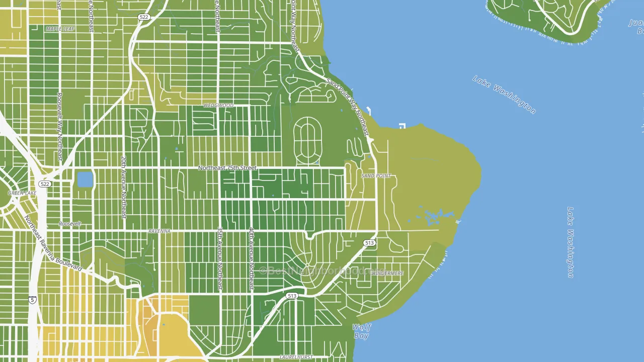Map of the best neighborhoods in the View Ridge, Seattle area, with better matches in green and worse matches in red
