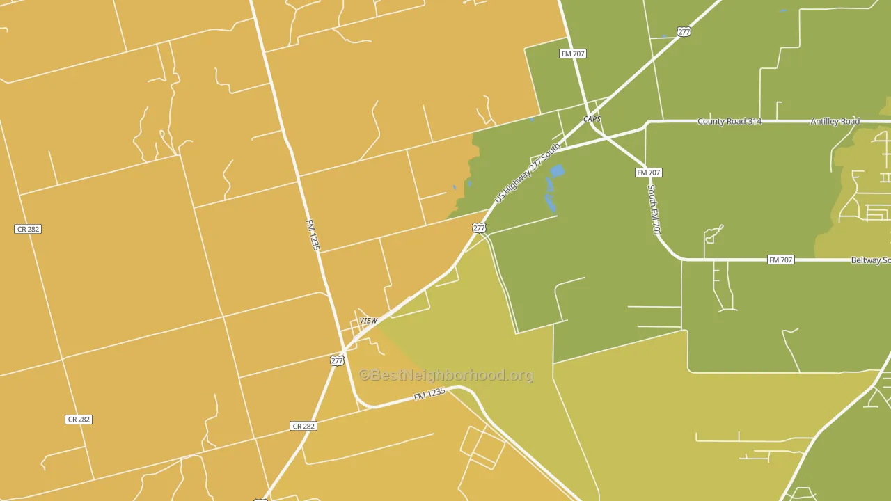 Map of the best neighborhoods in the View area, with better matches in green and worse matches in red