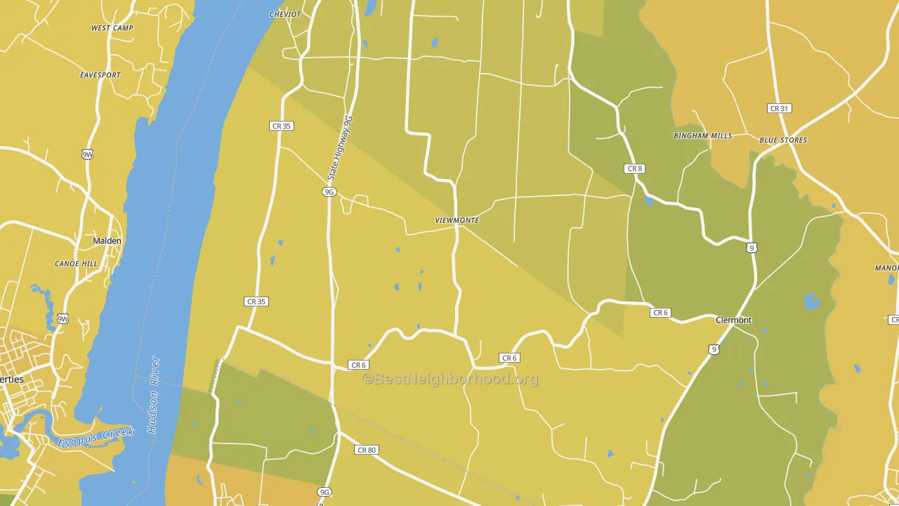 Map of the best neighborhoods in the Viewmonte area, with better matches in green and worse matches in red