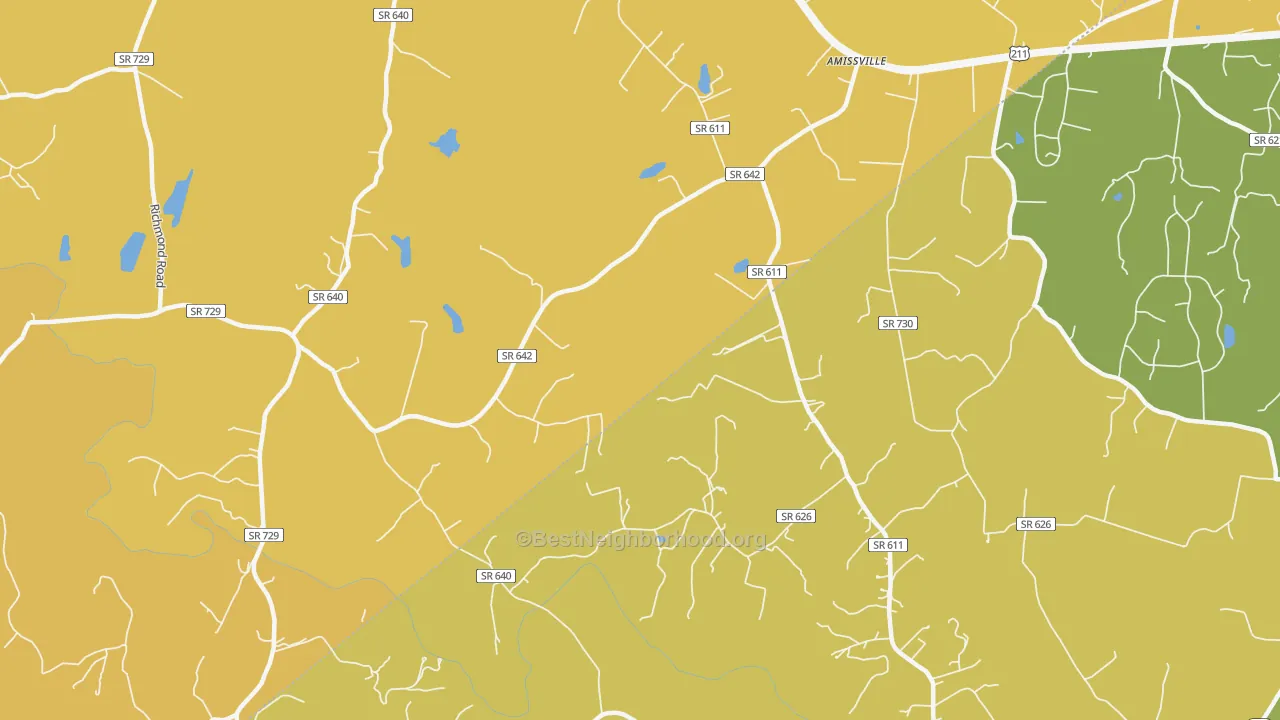 Map of the best neighborhoods in the Viewtown area, with better matches in green and worse matches in red