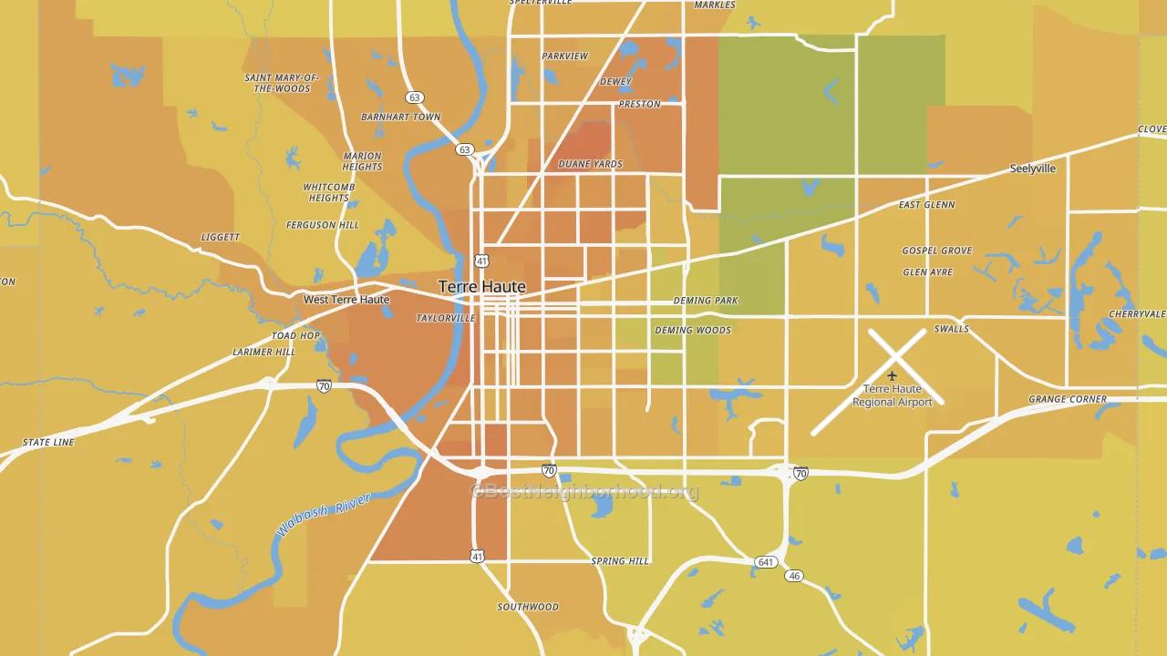 Map of the best neighborhoods in the Vigo County area, with better matches in green and worse matches in red