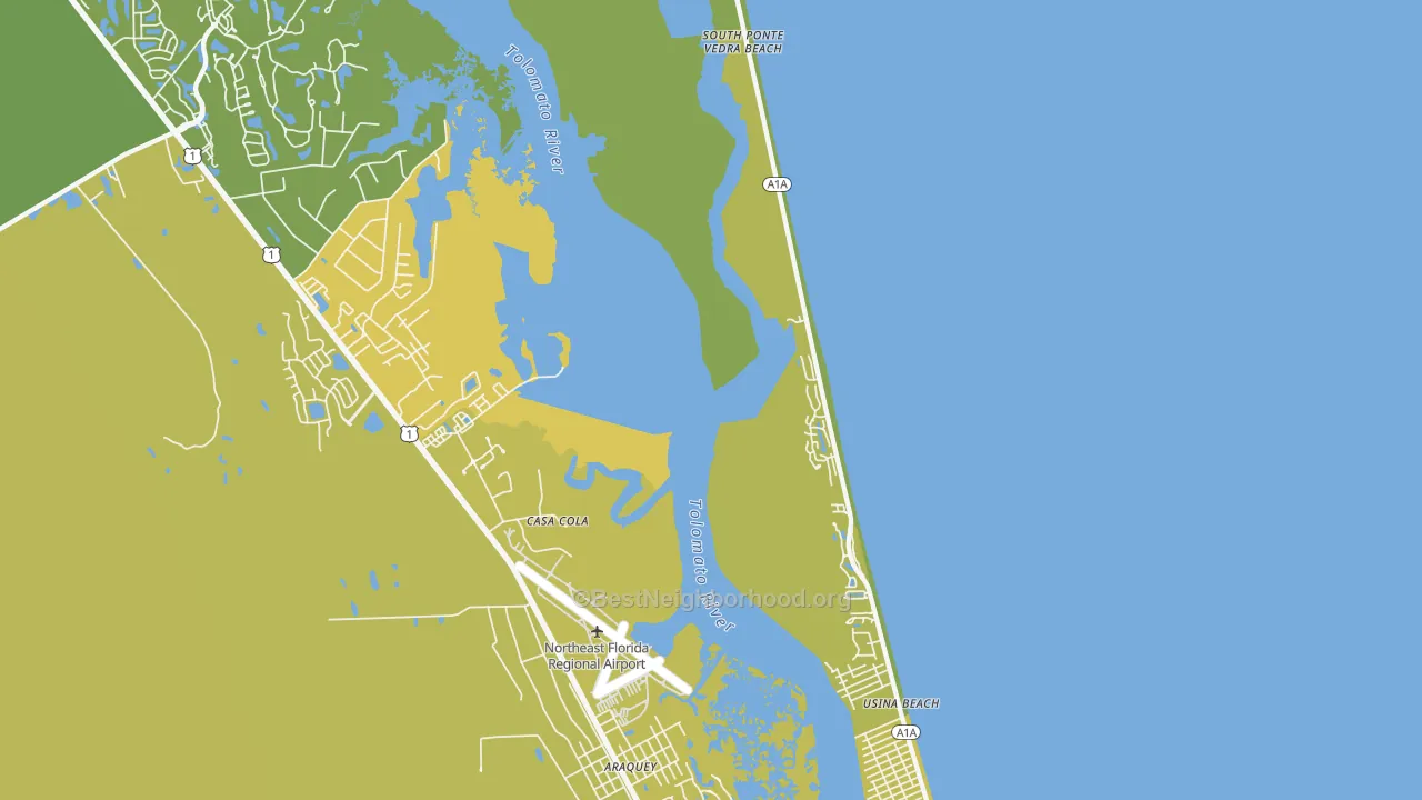 Map of the best neighborhoods in the Vilano Beach area, with better matches in green and worse matches in red
