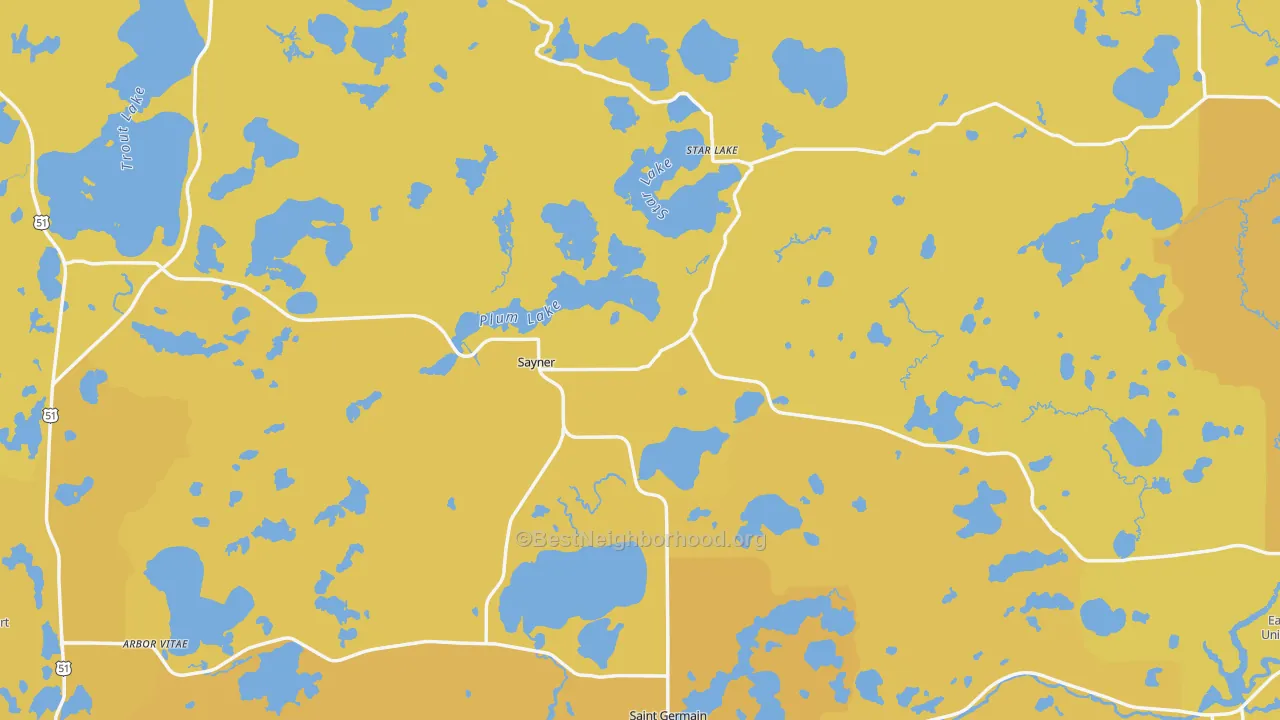 Map of the best neighborhoods in the Vilas County area, with better matches in green and worse matches in red
