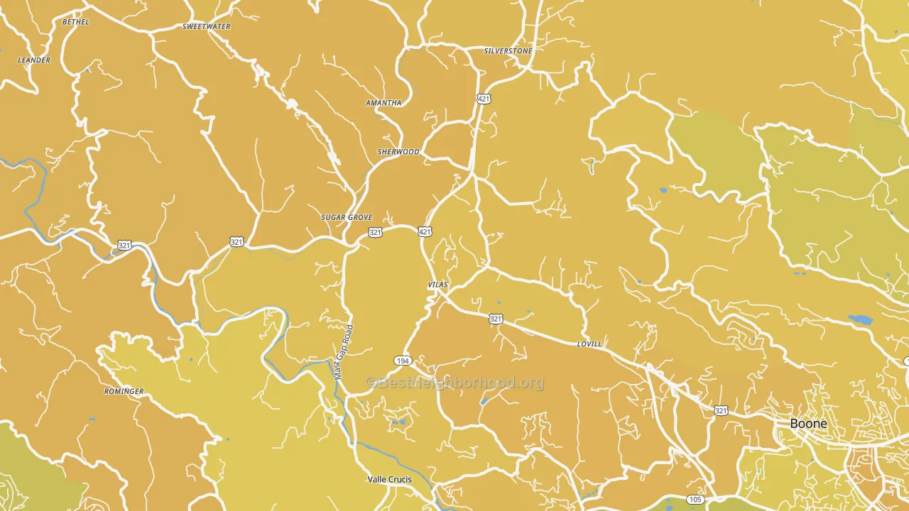 Map of the best neighborhoods in the Vilas area, with better matches in green and worse matches in red