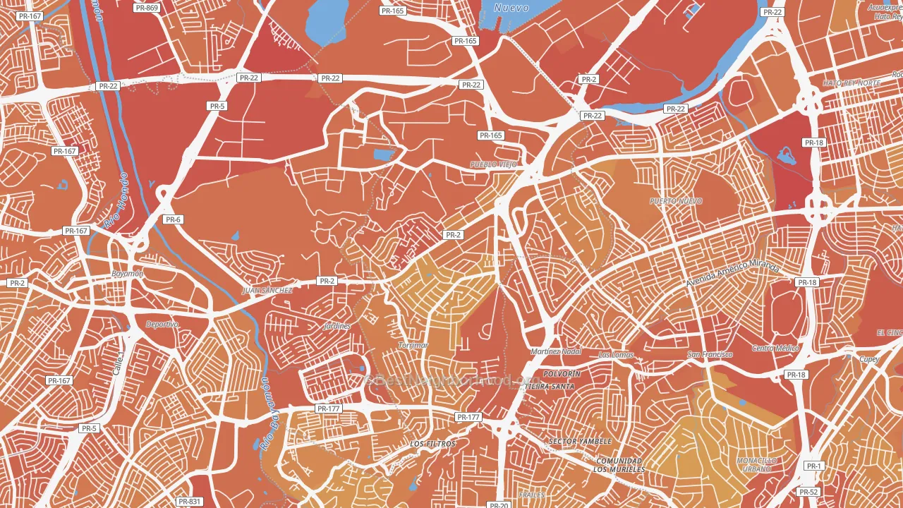 Map of the best neighborhoods in the Villa Caparra, Guaynabo area, with better matches in green and worse matches in red
